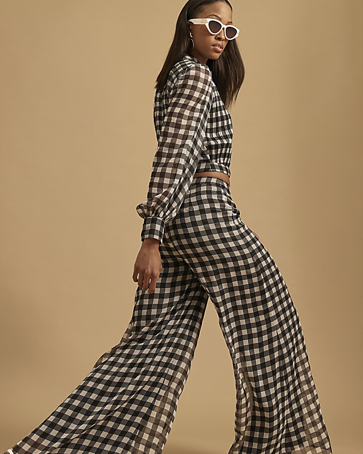 Black Gingham Wide Leg Trousers