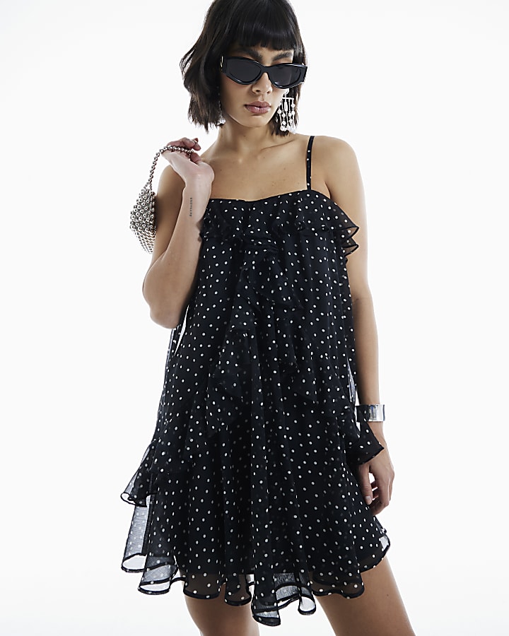 Black Polka Dot Chiffon Ruffle Mini Dress