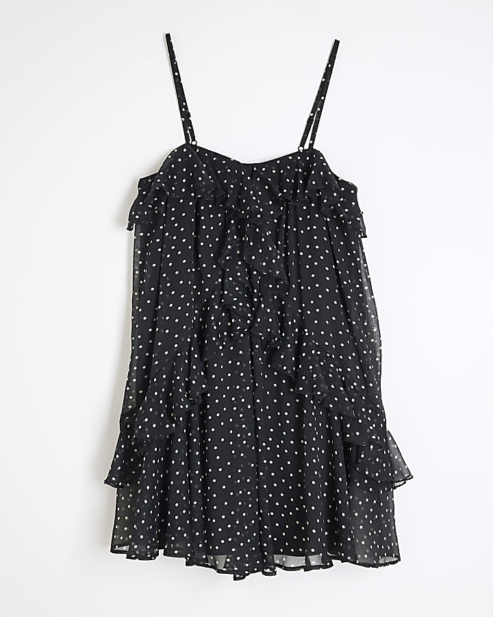 Black Polka Dot Chiffon Ruffle Mini Dress