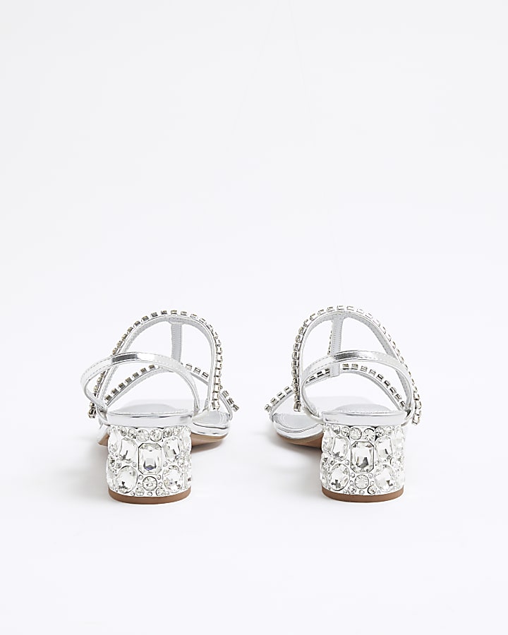 Silver Block Embellished Heeled Sandals