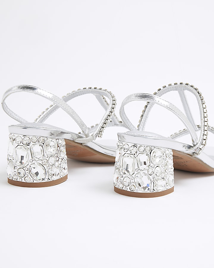 Silver Block Embellished Heeled Sandals