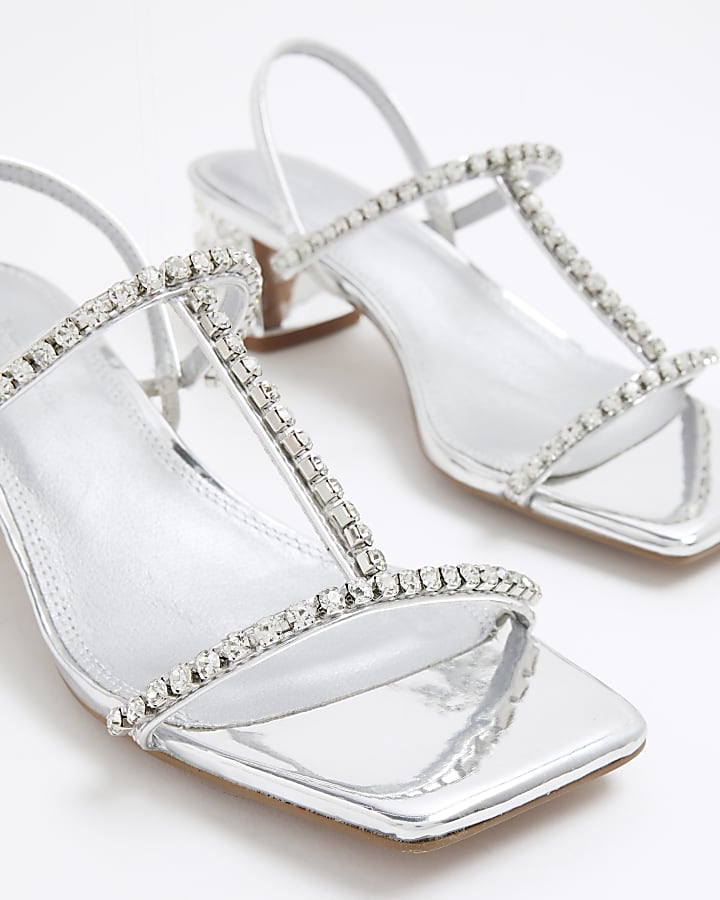 Silver Block Embellished Heeled Sandals