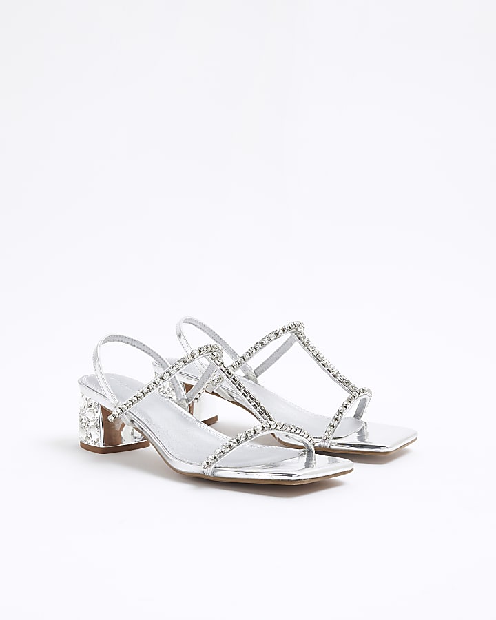 Silver Block Embellished Heeled Sandals