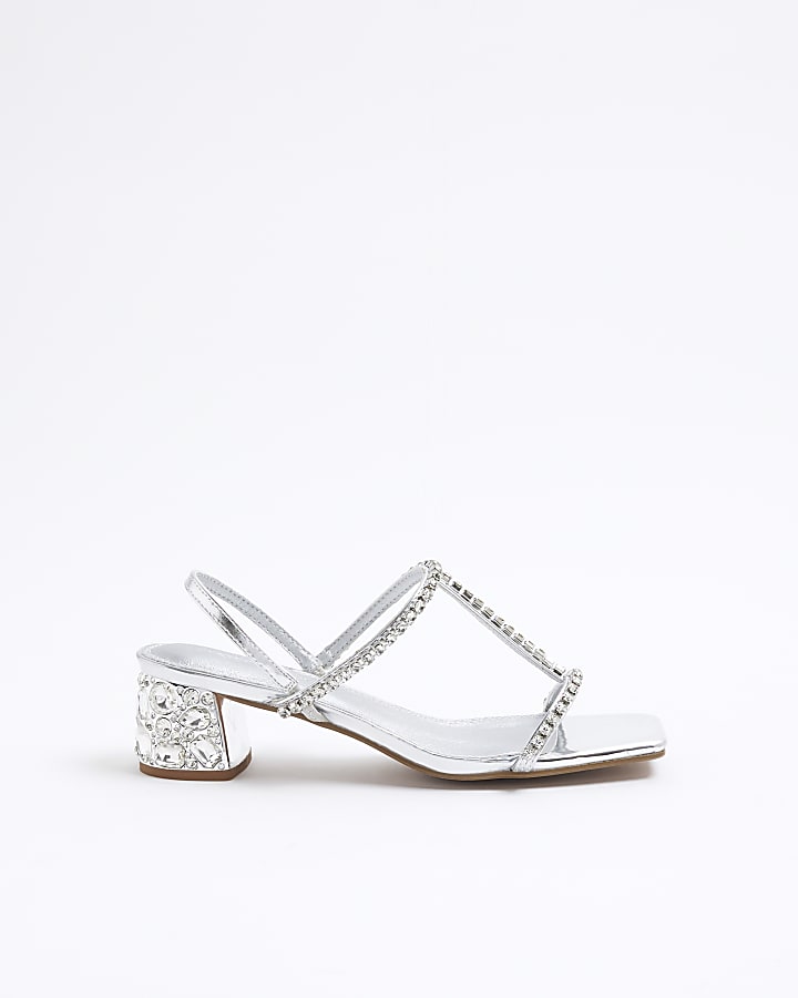 Silver Block Embellished Heeled Sandals