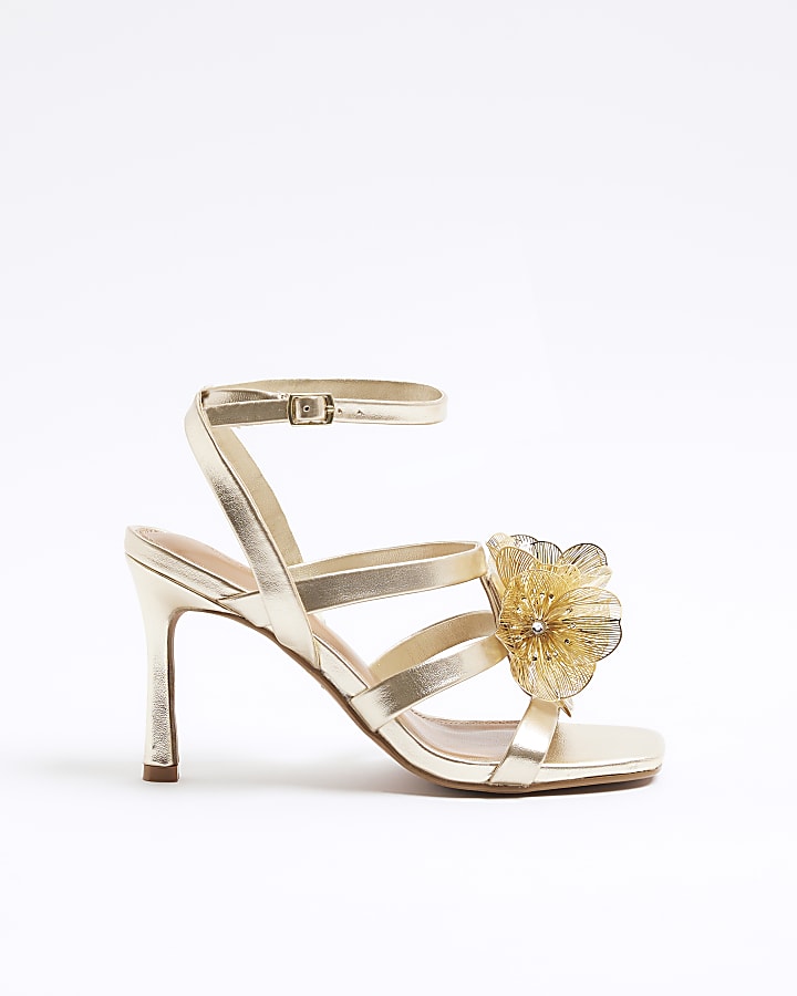 Gold Wide Fit Floral Trim Heeled Sandals