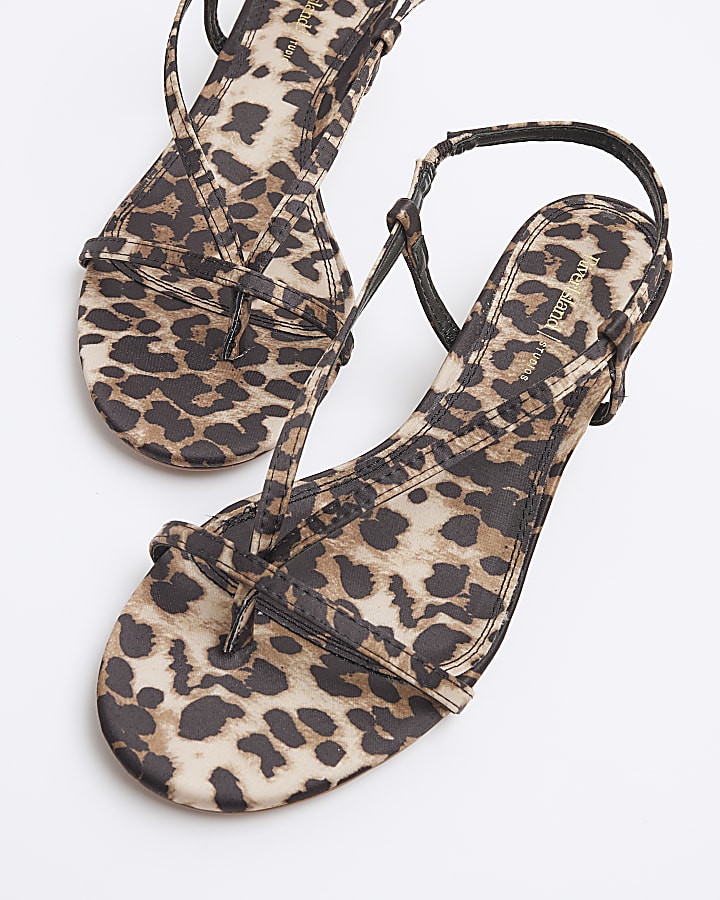 Brown Satin Leopard Print Heeled Sandals