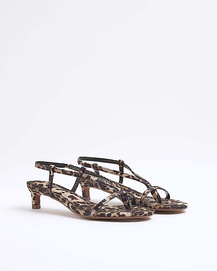 Brown Satin Leopard Print Heeled Sandals