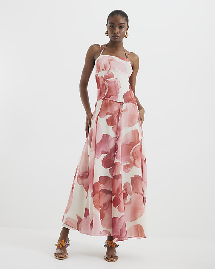 Pink Premium Floral Sleeveless Maxi Dress