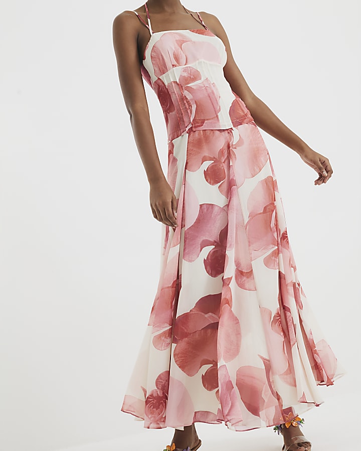 Pink Premium Floral Sleeveless Maxi Dress