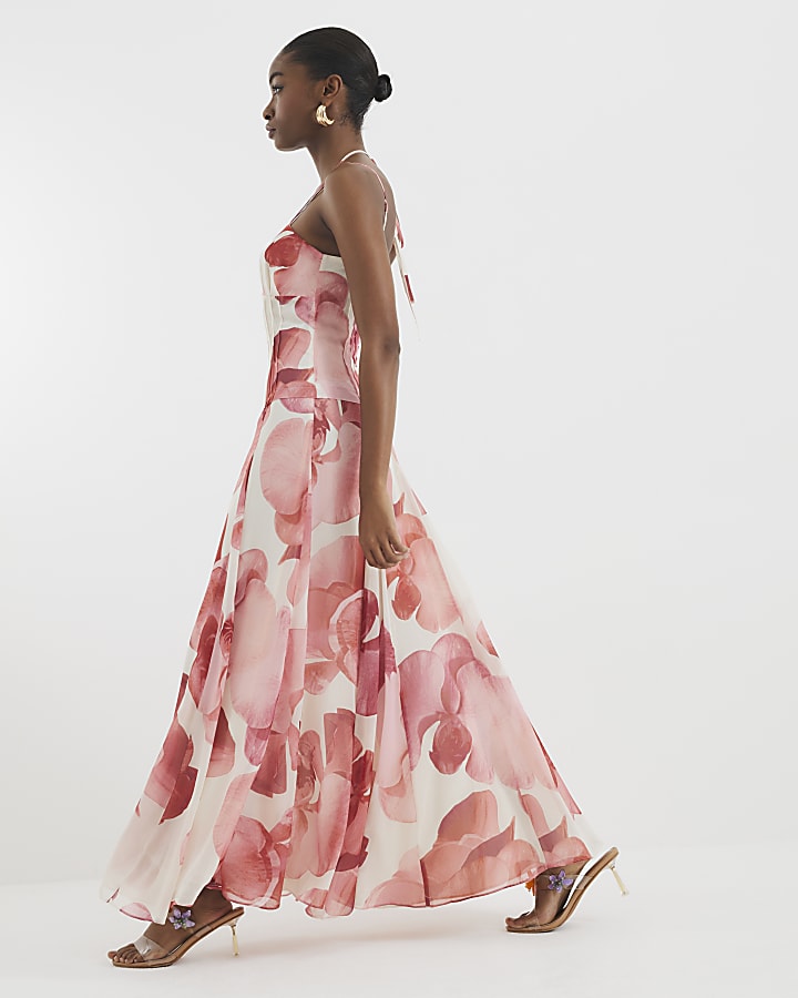 Pink Premium Floral Sleeveless Maxi Dress