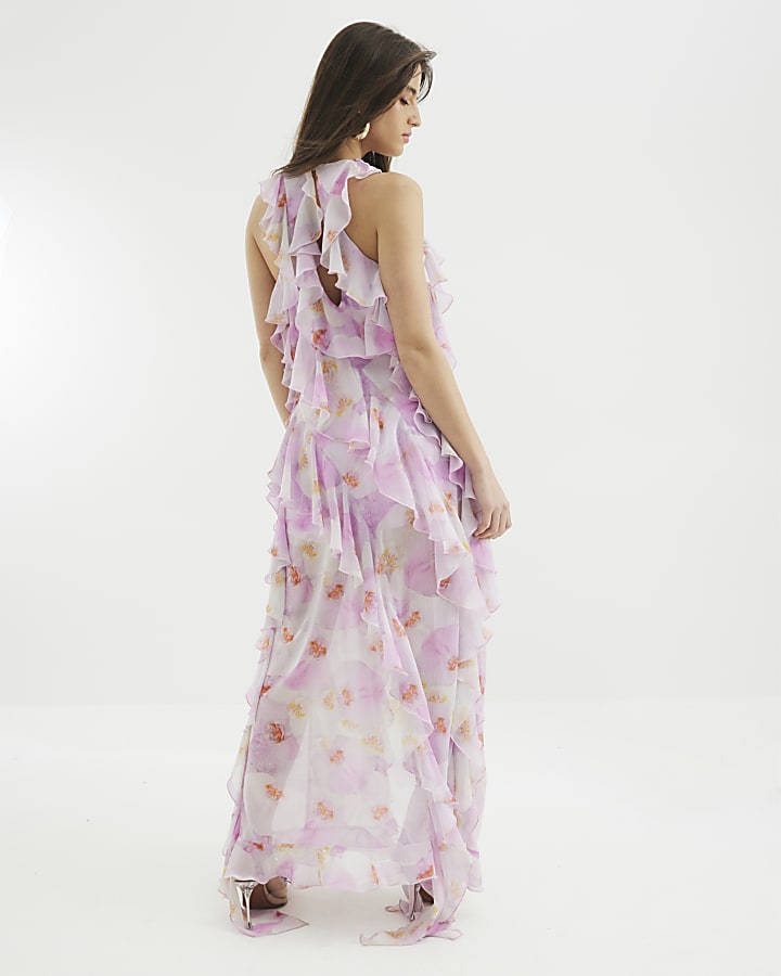 Petite Purple Ruffle Floral Maxi Dress