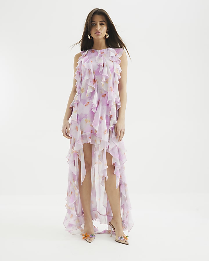 Petite Purple Ruffle Floral Maxi Dress