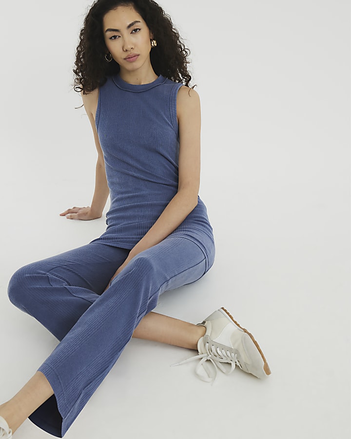 Blue Washed Cropped Ribbed Kickflare Trousers