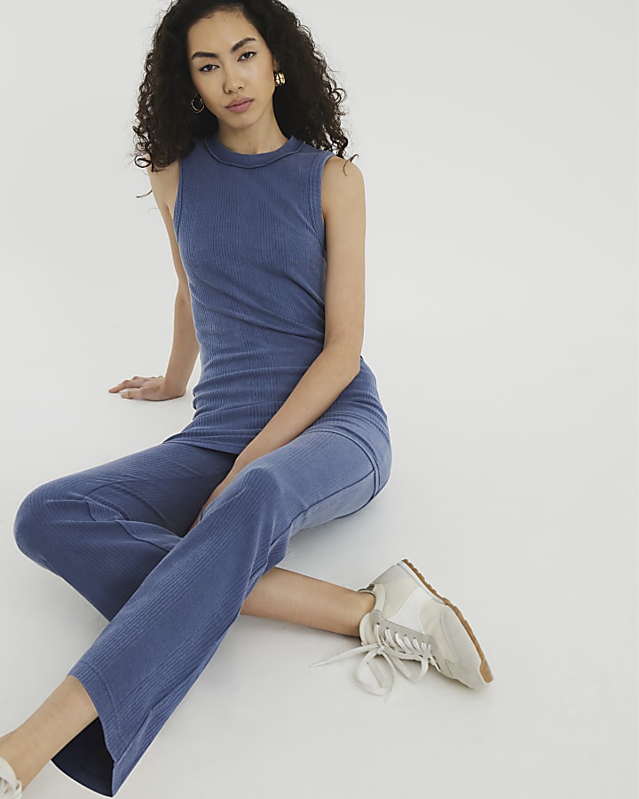 Blue Washed Cropped Ribbed Kickflare Trousers