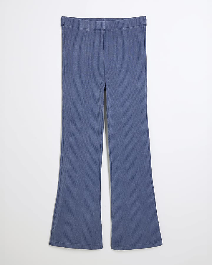 Blue Washed Cropped Ribbed Kickflare Trousers