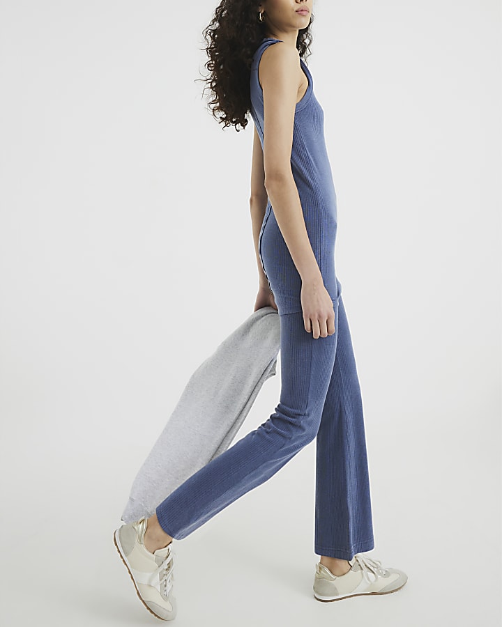 Blue Washed Cropped Ribbed Kickflare Trousers