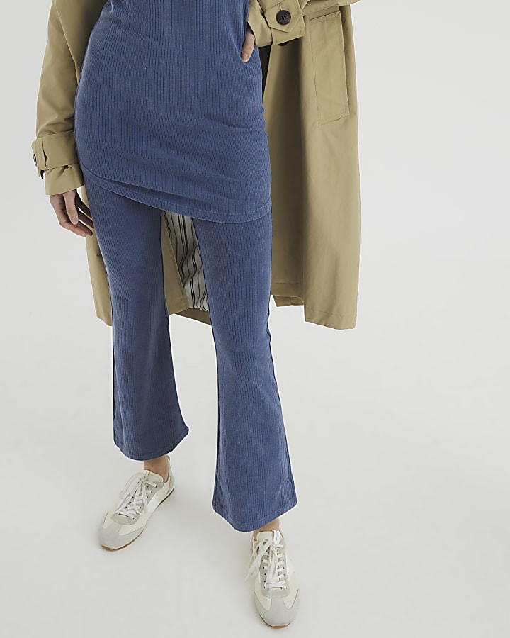 Blue Washed Cropped Ribbed Kickflare Trousers