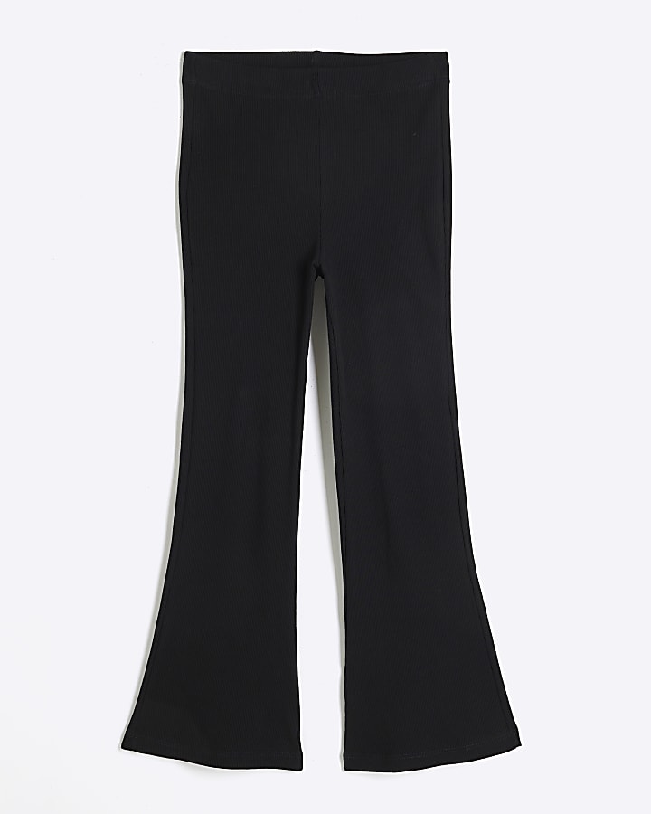 Black Cropped Ribbed Flared Trousers