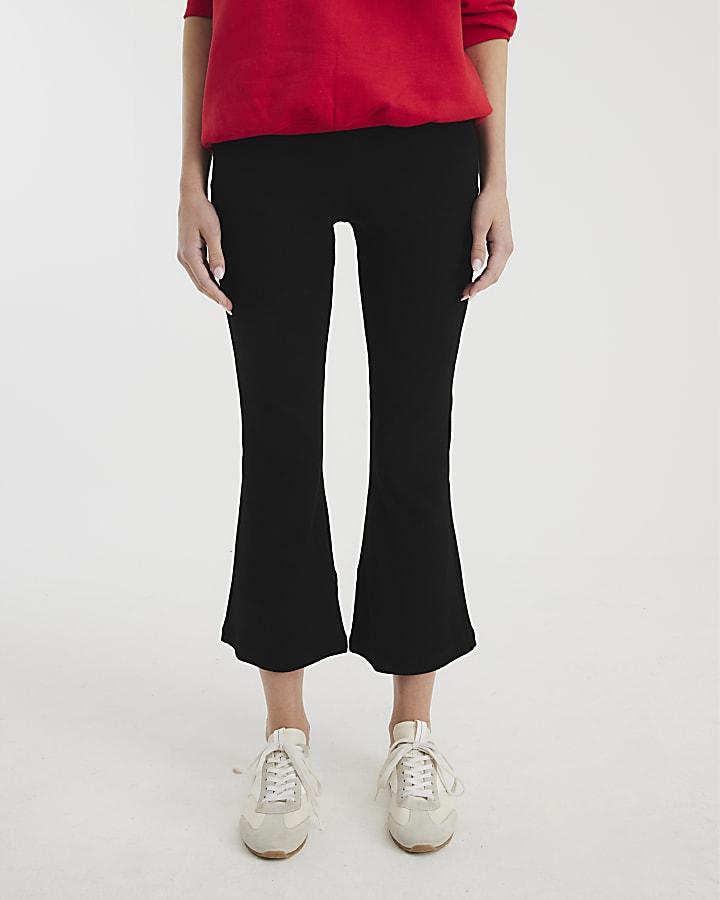 Black Cropped Ribbed Flared Trousers