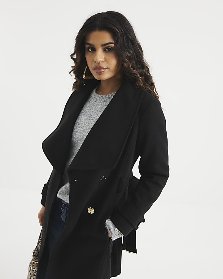 Petite Black Faux Wool Belted Wrap Coat