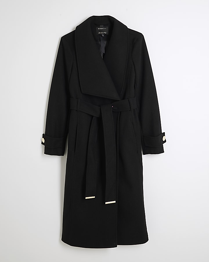 Petite Black Faux Wool Belted Wrap Coat