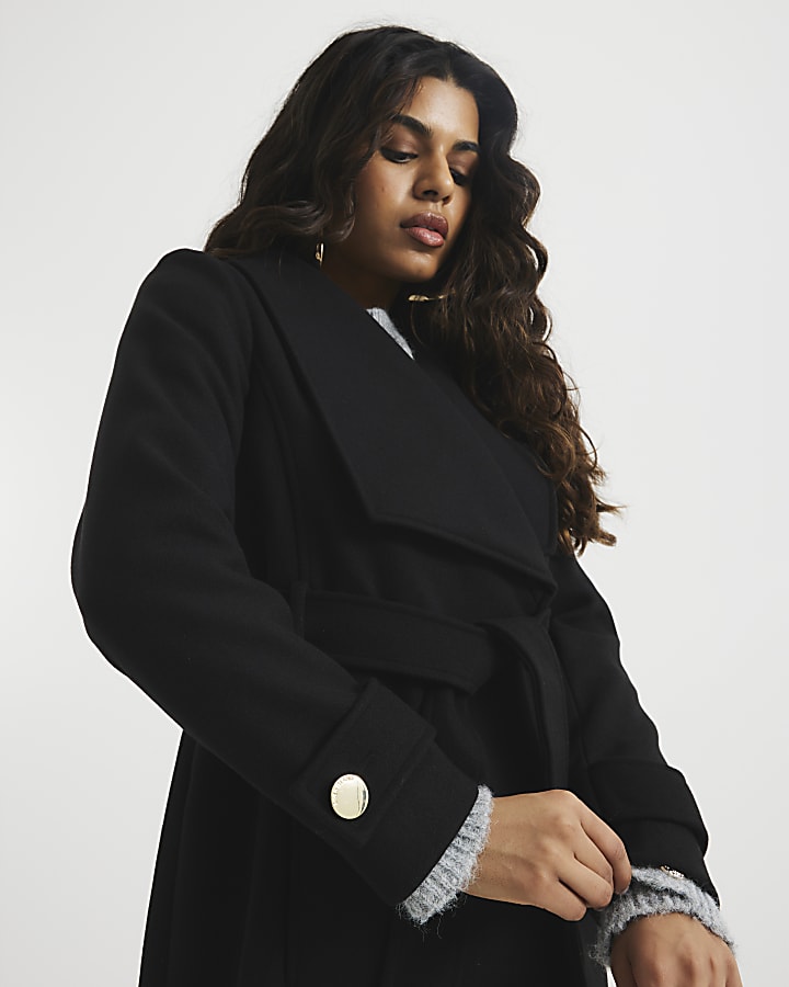 Petite Black Faux Wool Belted Wrap Coat