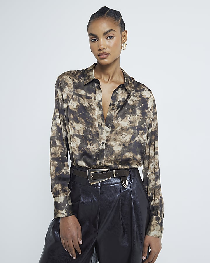 Brown Satin Abstract Longline Shirt