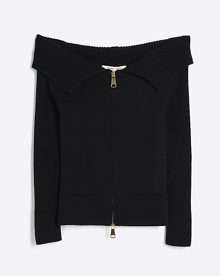 Black Bardot Zip Jumper