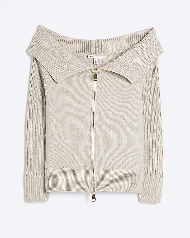 Beige Bardot Zip Jumper