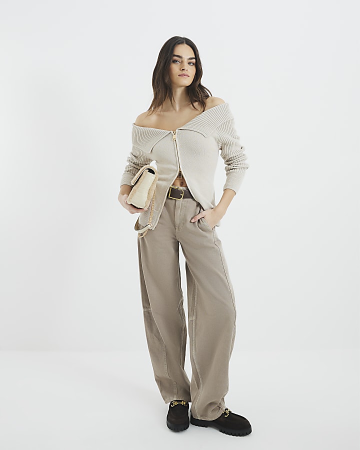Beige Bardot Zip Jumper