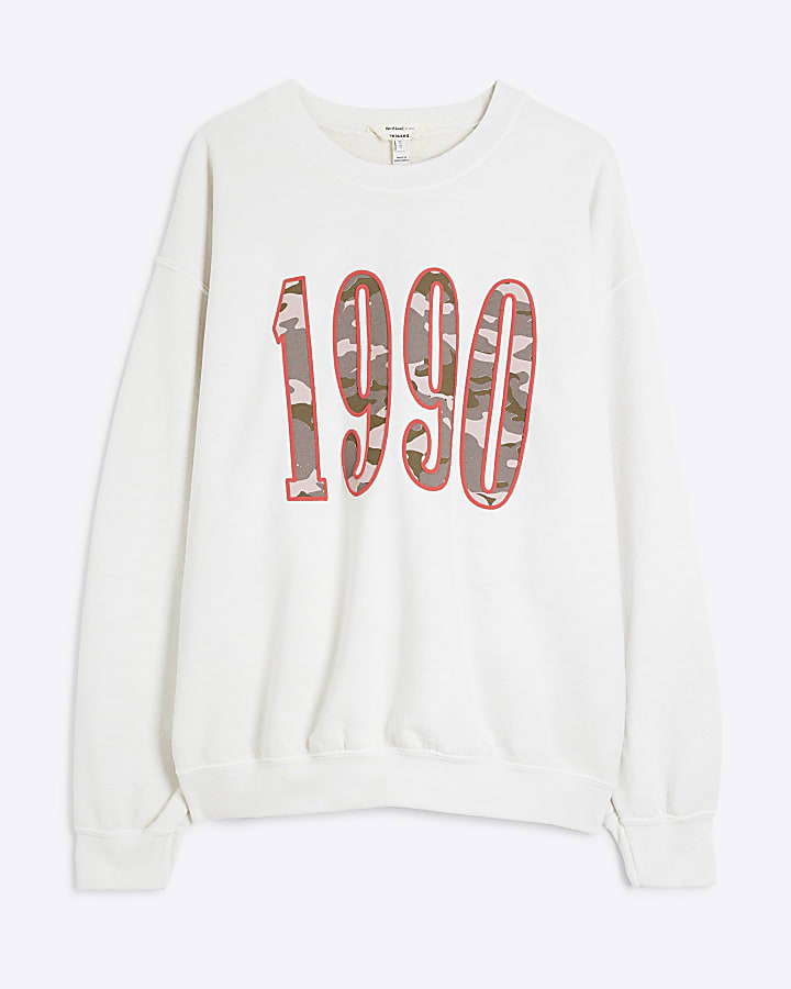 Cream '1990' Camo Graphic Print Sweatshirt