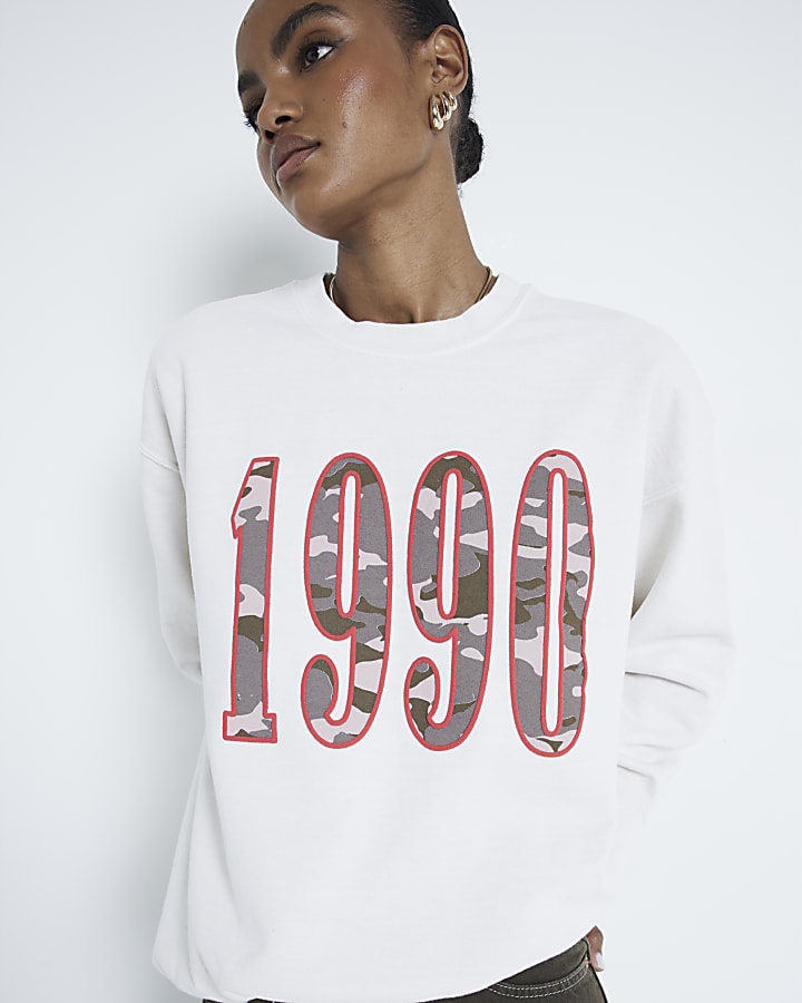 Cream '1990' Camo Graphic Print Sweatshirt