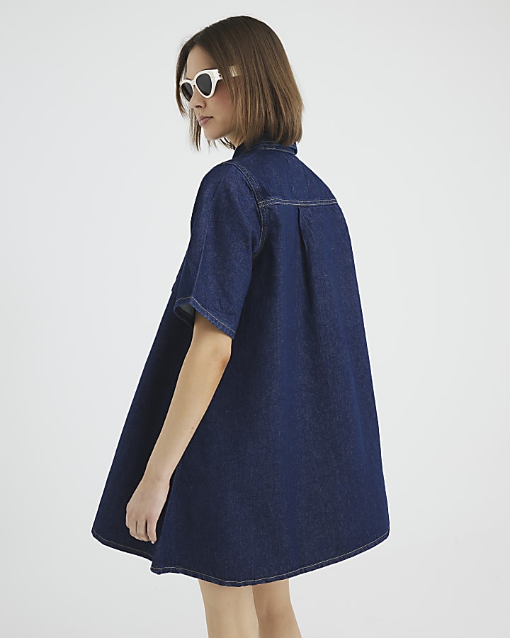 Indigo Denim Shirt Collar Mini Dress