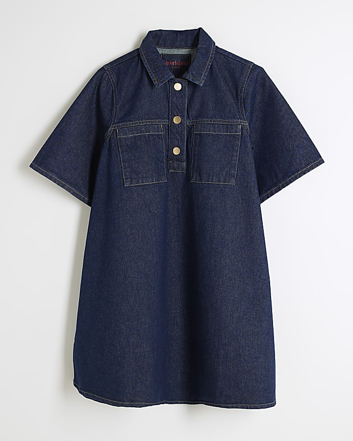 Indigo Denim Shirt Collar Mini Dress