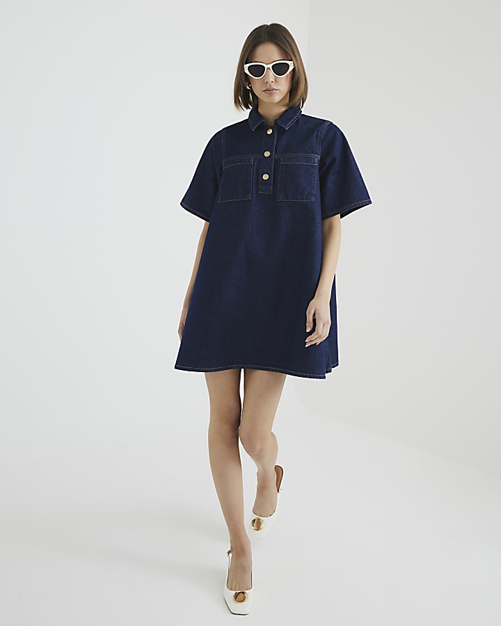 Indigo Denim Shirt Collar Mini Dress