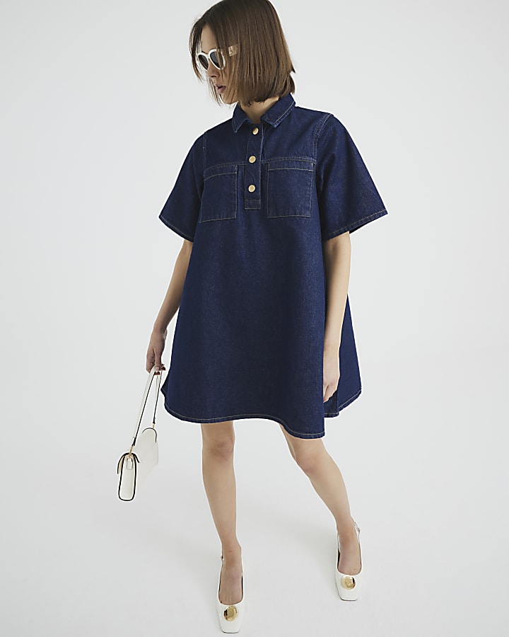 Indigo Denim Shirt Collar Mini Dress