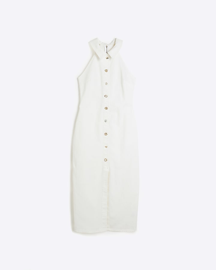 White Denim Fitted Button Midi Dress