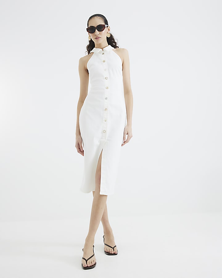 White Denim Fitted Button Midi Dress