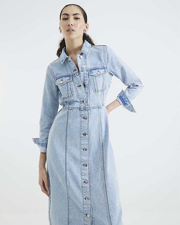 Blue Denim Long Sleeve Midi Shirt Dress