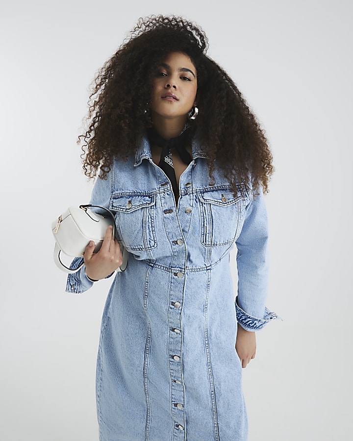 Blue Denim Long Sleeve Midi Shirt Dress