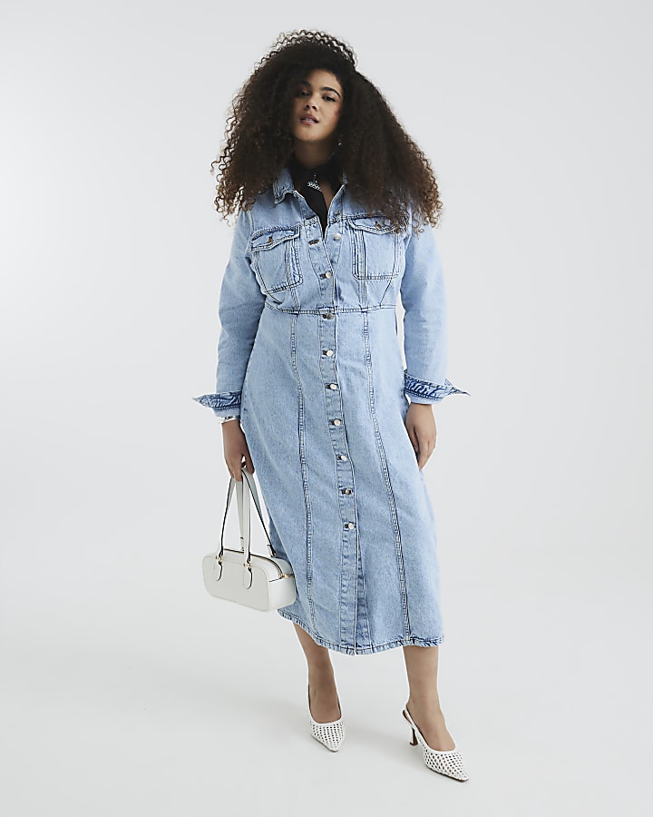 Blue Denim Long Sleeve Midi Shirt Dress