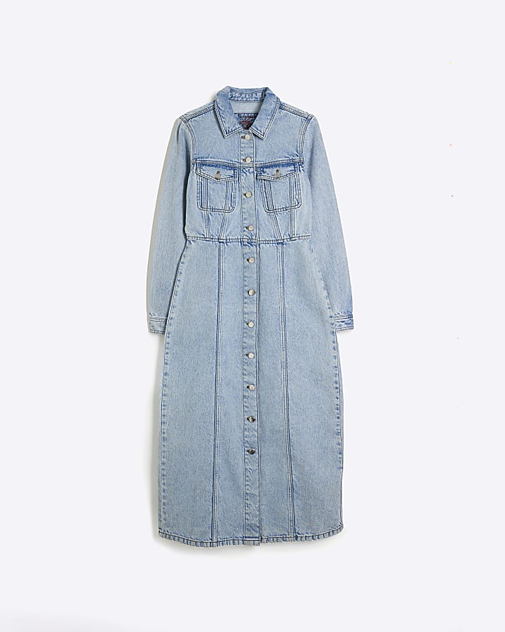 Blue Denim Long Sleeve Midi Shirt Dress