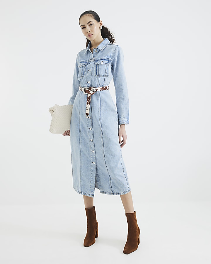 Blue Denim Long Sleeve Midi Shirt Dress