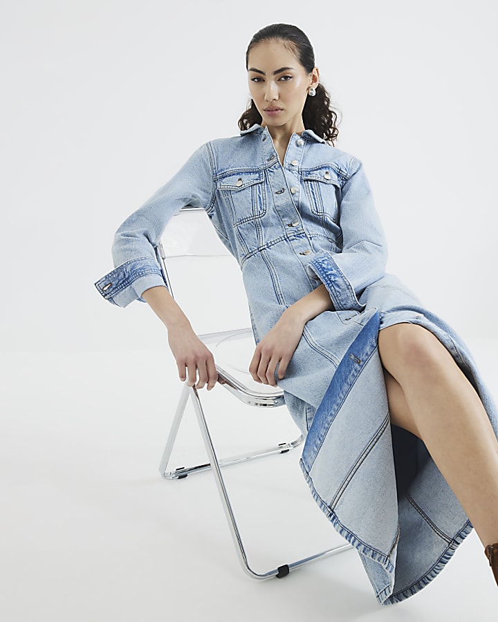 Blue Denim Long Sleeve Midi Shirt Dress