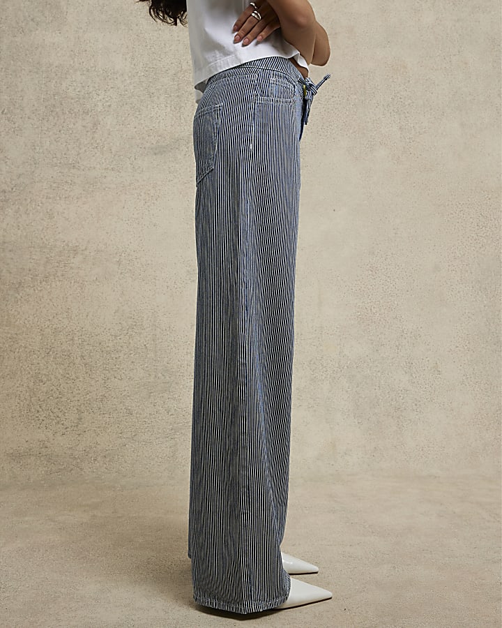 Blue Wide Leg Tie Front Striped Jeans