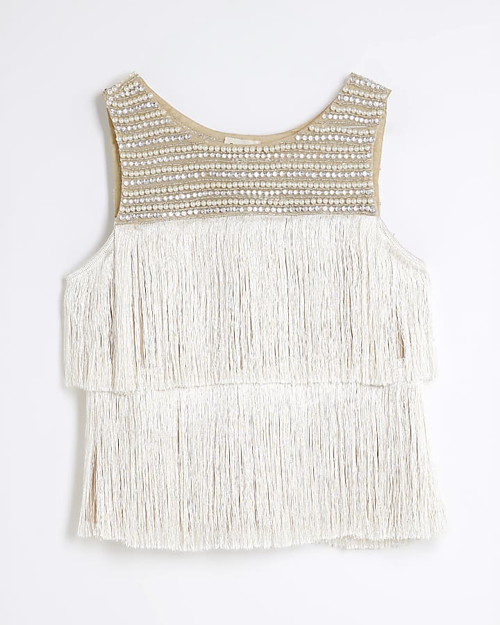 Beige Sleeveless Fringe Tassel Top