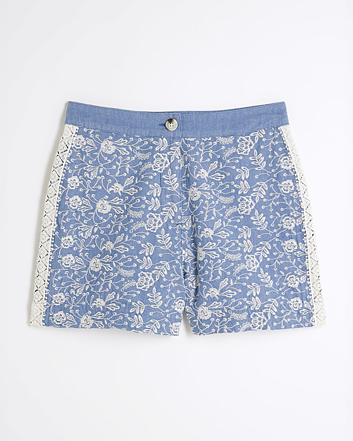 Blue Embroidered Denim Shorts