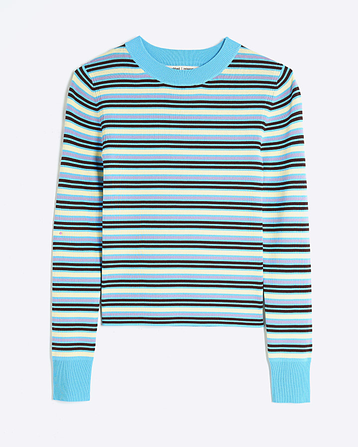 Blue Long Sleeve Stripe Fitted Knit Top