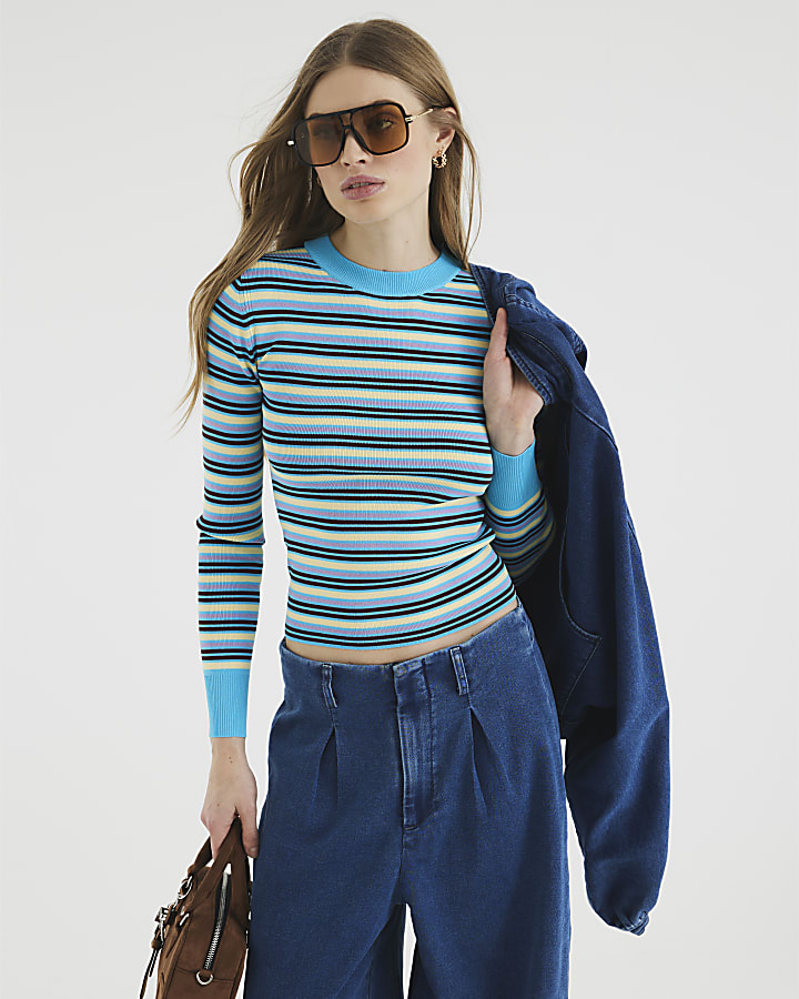 Blue Long Sleeve Stripe Fitted Knit Top