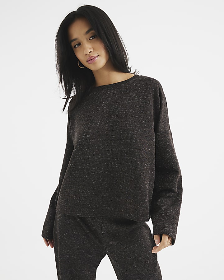 Petite Brown Glitter Long Sleeve T-Shirt